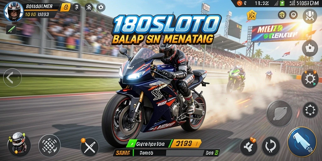Screenshot utama 180SLOT menampilkan aksi balap motor yang mendebarkan.