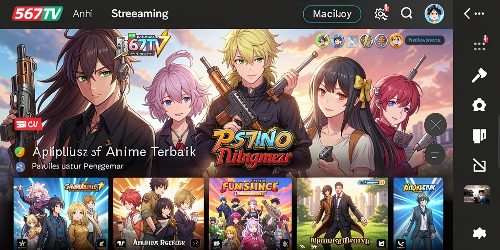 Screenshot gameplay 567TV, menunjukkan antarmuka aplikasi dengan anime populer.