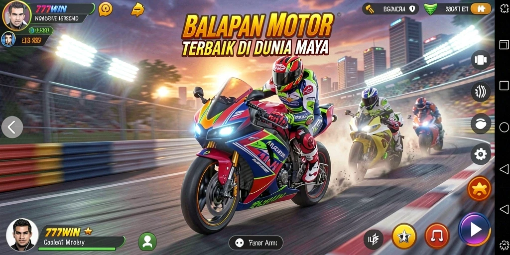 Tangkapan layar gameplay 777WIN menampilkan balapan motor yang mendebarkan.