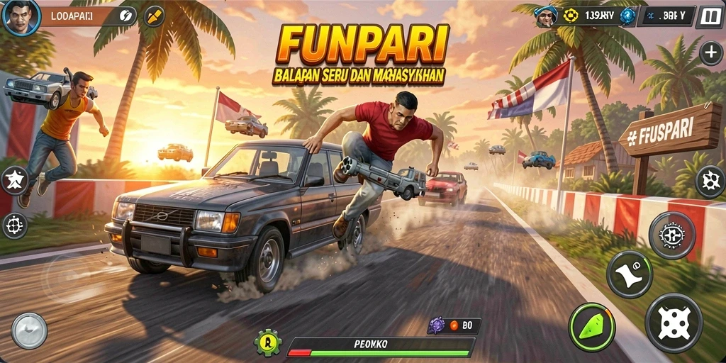 Screenshot utama FUNPARI menampilkan aksi balapan seru dan kendaraan yang keren.