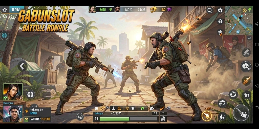 Screenshot GADUNSLOT menampilkan pertempuran seru dalam game Battle Royale.