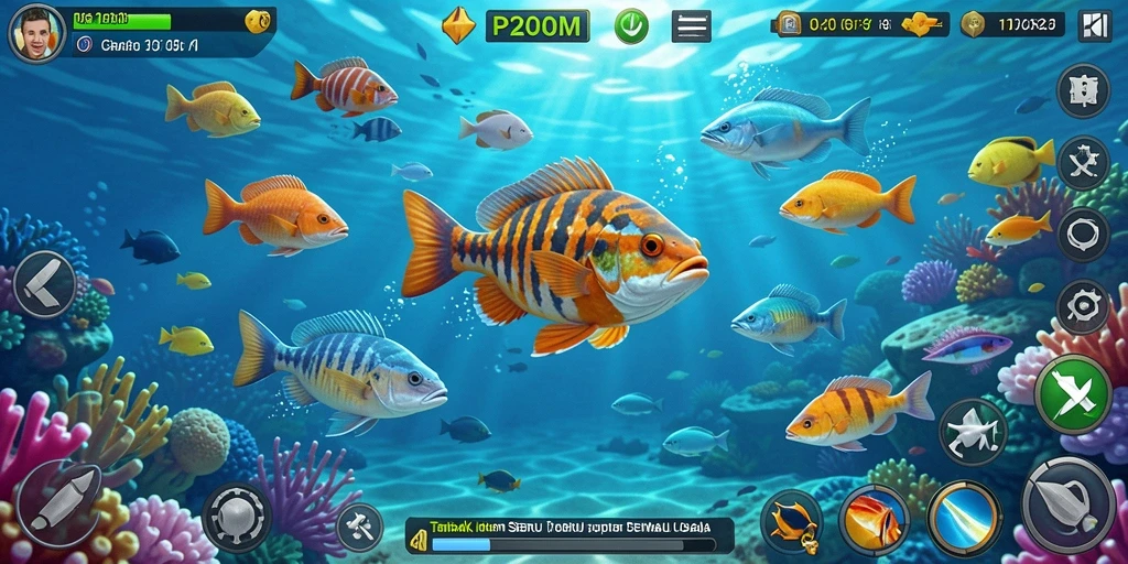 Screenshot P200M menampilkan aksi seru dalam menangkap ikan.