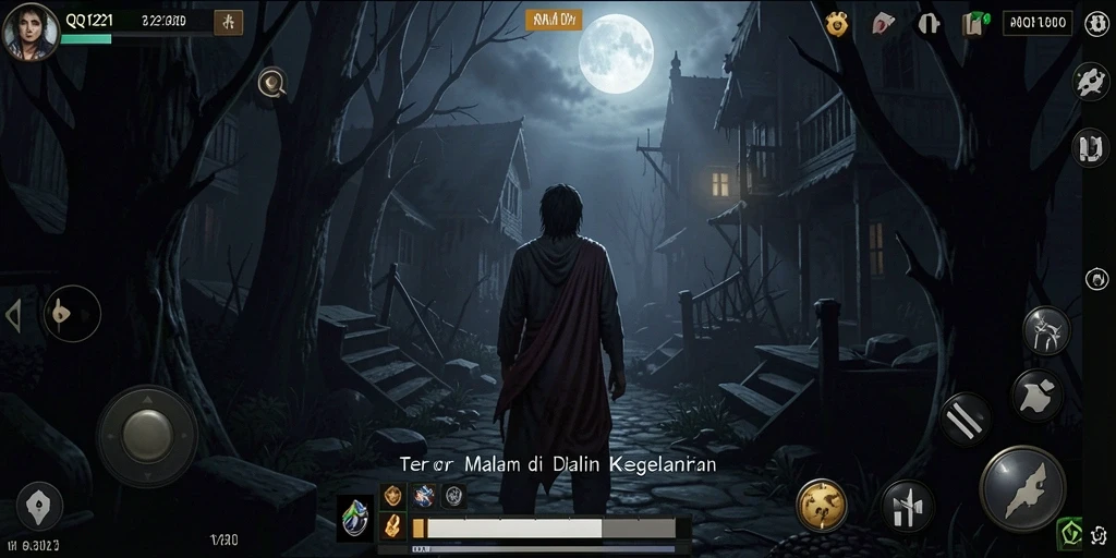 Screenshot gameplay QQ1221 menampilkan suasana menyeramkan di dalam rumah tua.