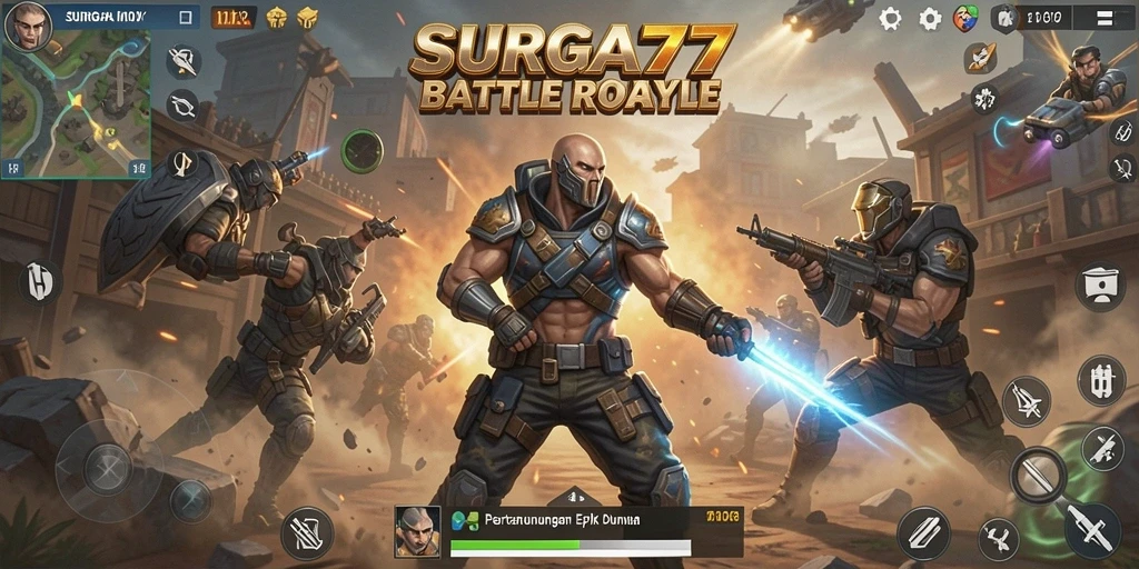 Screenshot gameplay SURGA77 menampilkan pertarungan seru dalam mode Battle Royale.