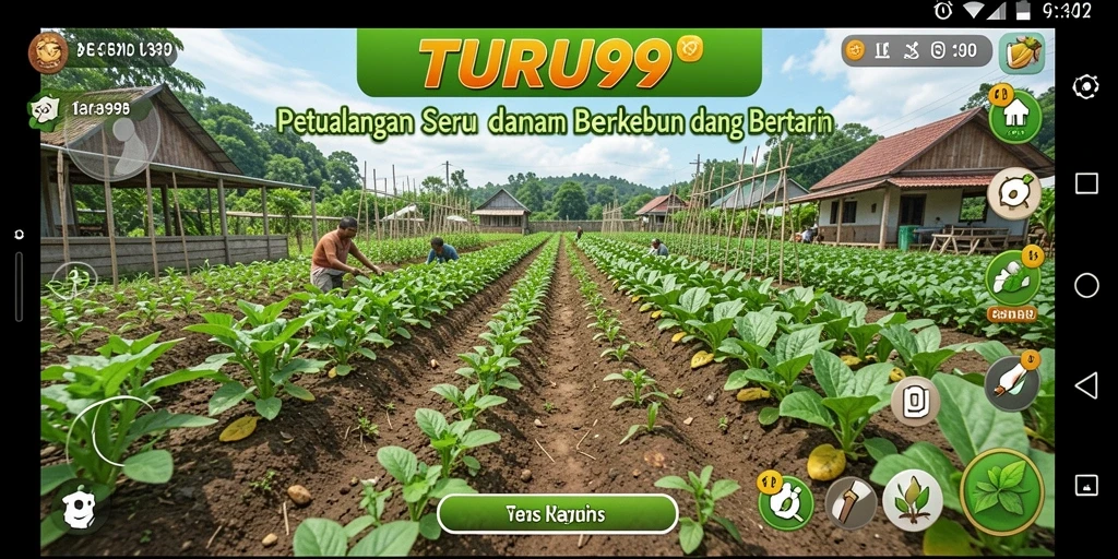 Tampilan gameplay TURU99 yang menampilkan keindahan pertanian dan berkebun.